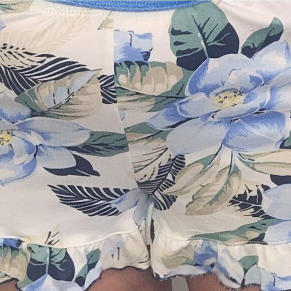 Echo M White Floral Print  with Blue Flowers Ruffles Women's Shorts Sleepwear - Picture 6 of 8